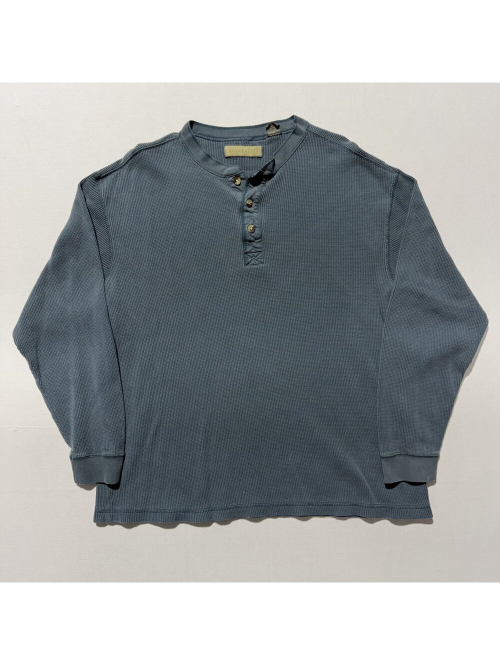 Naturalife Blue Waffle Knit Henley Thermal Long Sleeve Shirt Vintage